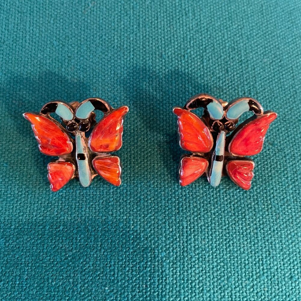 Pair of turquoise and coral earrings on sterling silver from Santa Fe